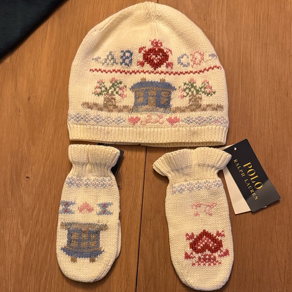 Polo by Ralph Lauren Cream Knit Hat and Mittens